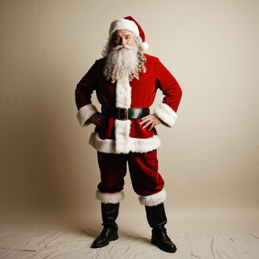 Confident Man Dressed as Santa Claus in Classic Red Velvet Suit