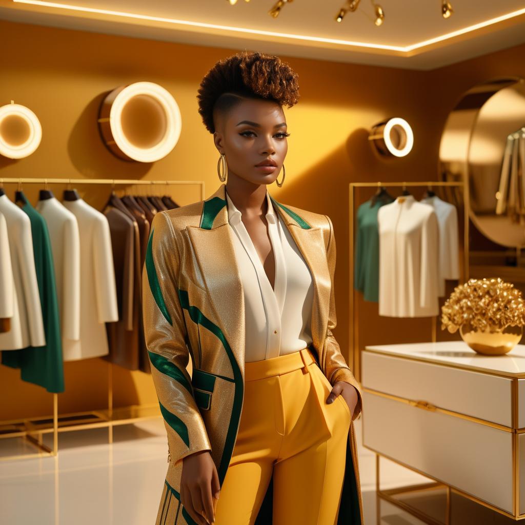 Chic Woman in Golden Outfit at Luxury Boutique