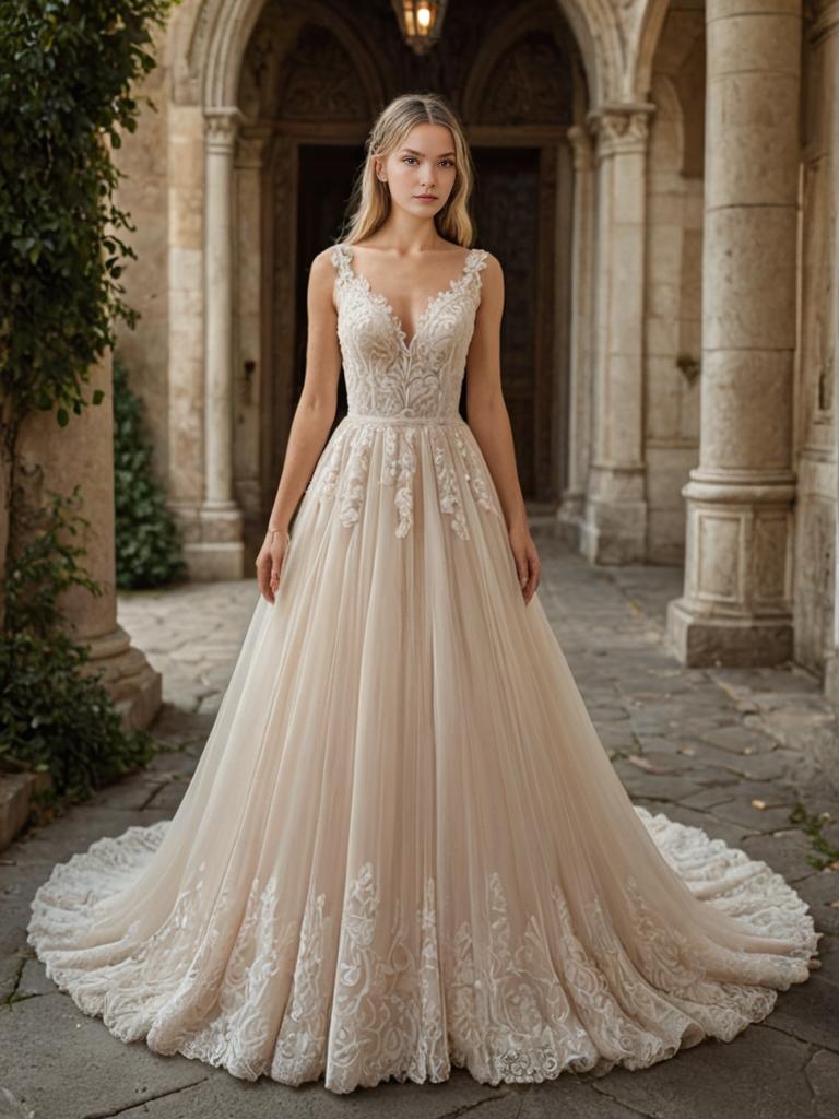 Elegant Woman in Embroidered Gown in Rustic Courtyard