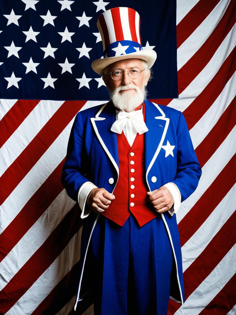 Elderly Man in Patriotic Costume with American Flag
