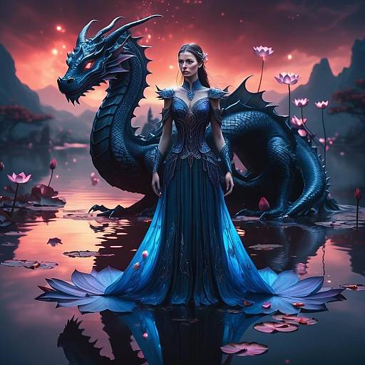 Fantasy Woman in Blue Gown with Dragon at Sunset on Lotus Pond