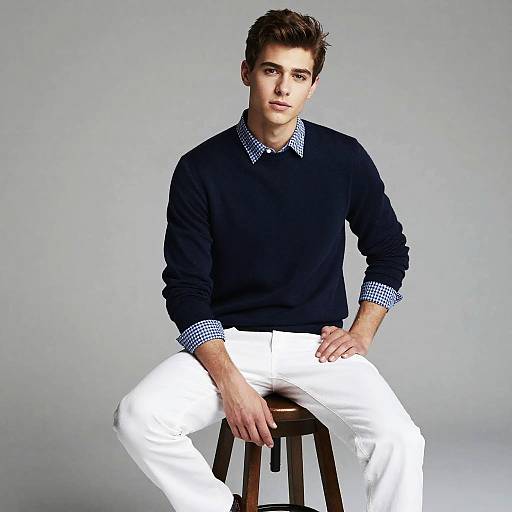 Gen Z Stylish Young Man in Navy Sweater and White Pants Sitting on Stool