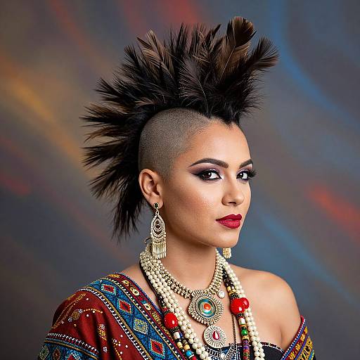 Woman with Feathered Mohawk and Traditional Jewelry in Colorful Attire