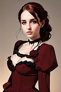 Victorian Style Woman in Deep Red Dress Digital Portrait