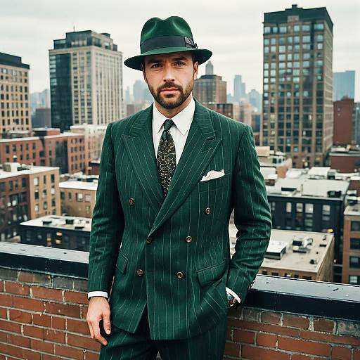 Man Wearing Green Pinstripe Suit and Fedora on City Rooftop