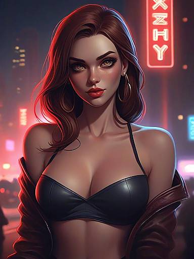 Stylized Digital Portrait of Woman in Neon City Nightscape