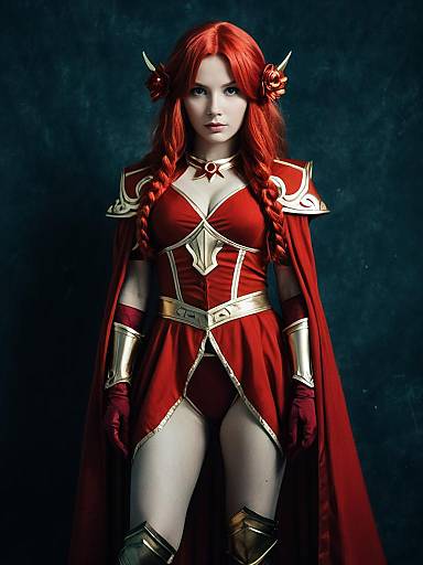 Sexy Cosplay Woman in Mereoleona Vermillion Costume with Red Hair and Gold Armor