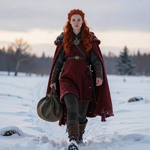 Red-Haired Woman in Medieval Cloak Walking in Snowy Landscape