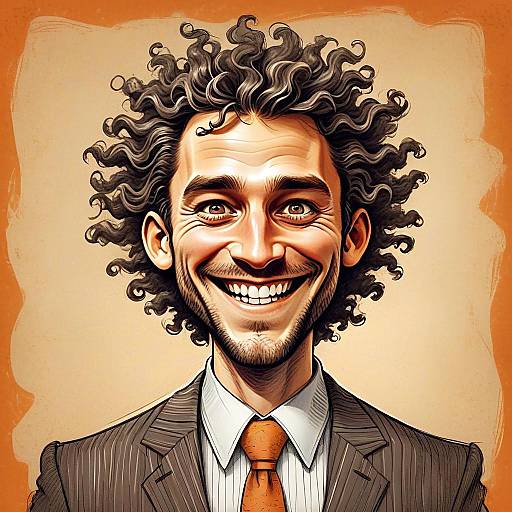 Caricature Portrait of Smiling Man with Curly Hair in Pinstripe Suit