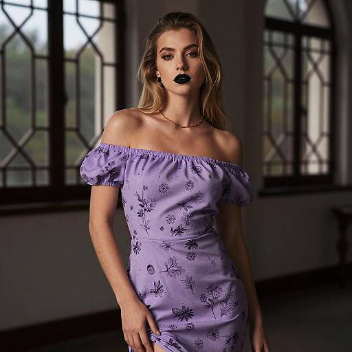 Elegant Woman in Lavender Floral Off-Shoulder Dress with Black Lipstick