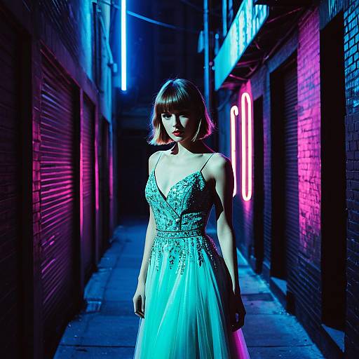 Woman in Turquoise Evening Gown in Neon-Lit Urban Alley