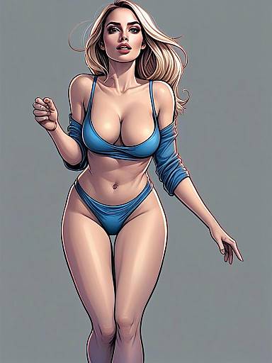 Realistic Comic Style Illustration of Woman in Blue Bikini