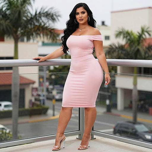 Elegant Woman in Pink Off-Shoulder Dress on City Balcony