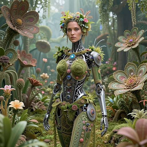 Futuristic Woman Robot in Surreal Botanical Forest