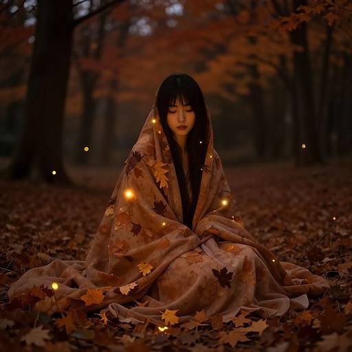 Woman Wrapped in Leaf Blanket with Glowing Lights in Autumn Forest