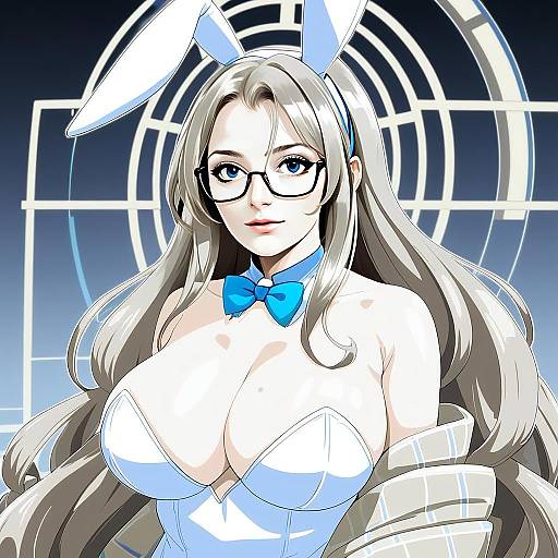 Anime Woman in White Bunny Costume with Glasses and Blue Accents