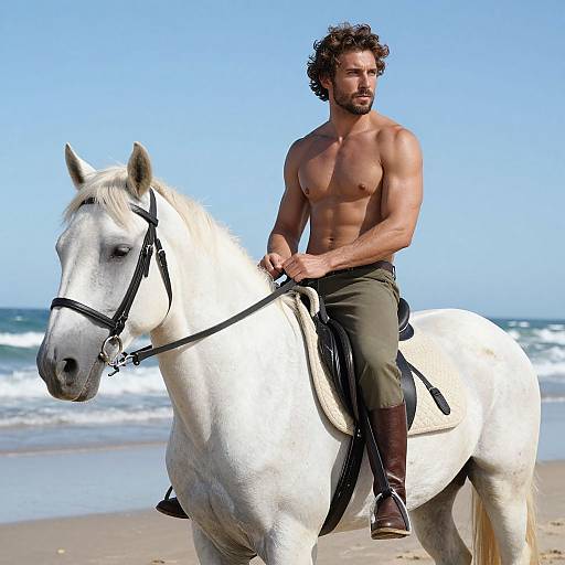 Shirtless Man Riding White Horse on Beach