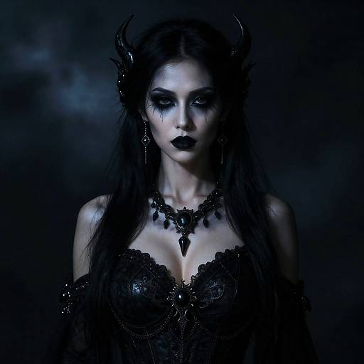 Gothic Woman with Dark Makeup and Horns in Black Corset