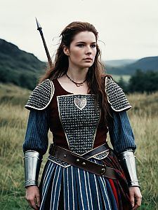 Woman in Braveheart Inspired Medieval Costume with Spear Outdoor