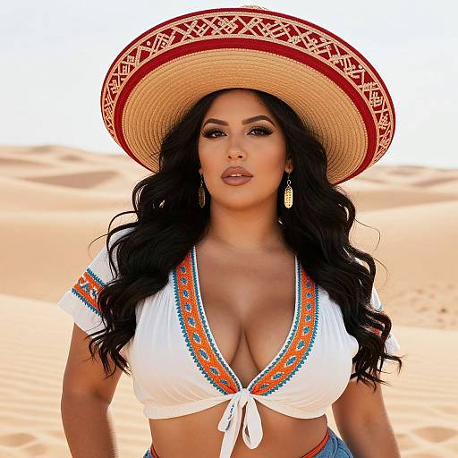 Woman in Embroidered Crop Top and Straw Hat in Desert Landscape