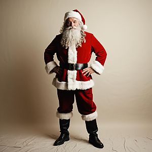 Confident Man Dressed as Santa Claus in Classic Red Velvet Suit