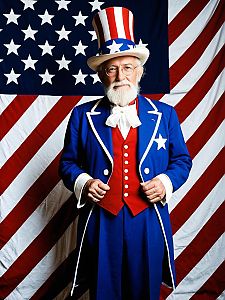 Elderly Man in Patriotic Costume with American Flag