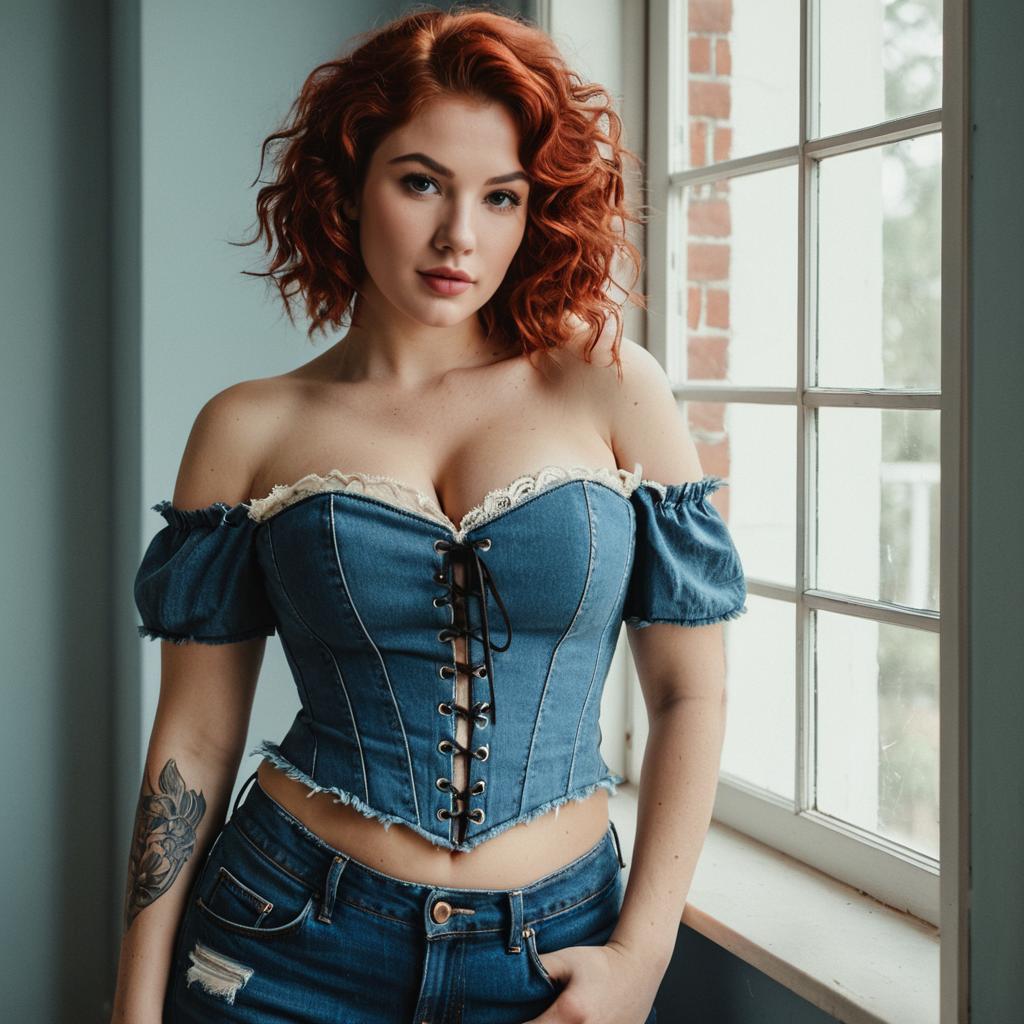 Confident Woman in Denim Corset and Jeans by Window