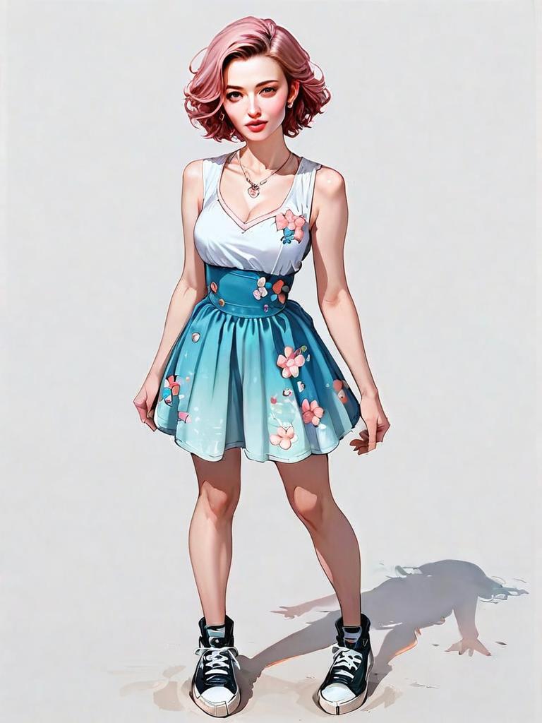Casual Woman Full Body Illustration in Realistic Comic Style with Floral Dress