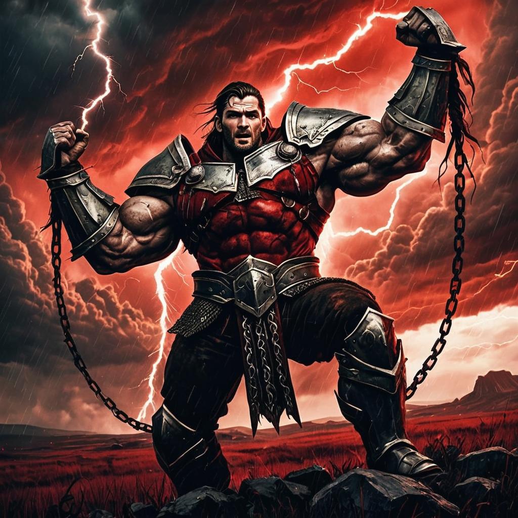 Epic Muscular Warrior with Chains and Lightning in Fantasy Armor
