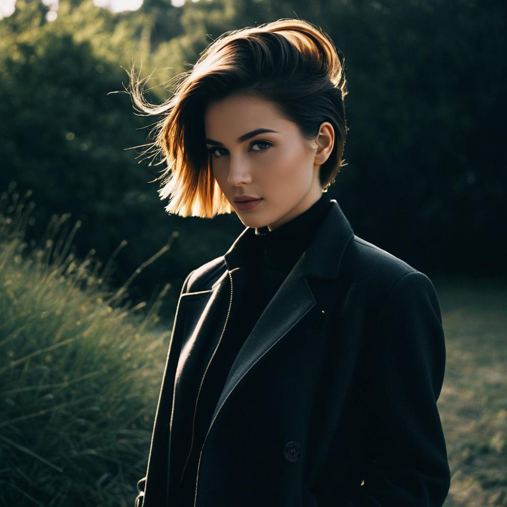 Stylish Young Woman in Black Coat Outdoor Portrait