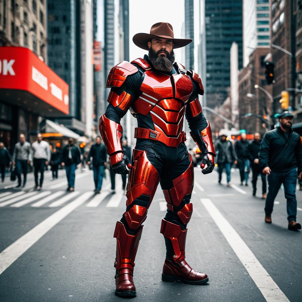 Bearded Man in Futuristic Red Armor and Western Hat on City Street