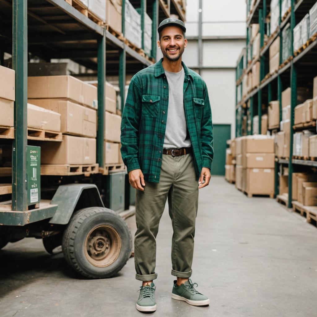 Smiling Man in Casual Attire in Warehouse