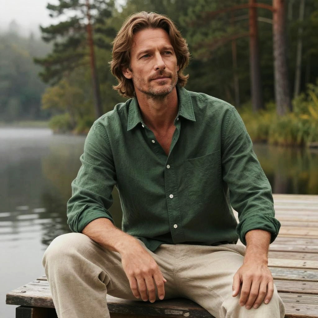 Man Sitting on Wooden Dock in Nature with Green Shirt