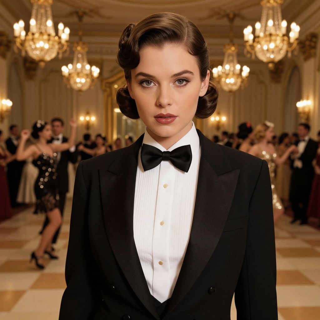 Elegant Woman in Black Tuxedo at Vintage Ballroom Party