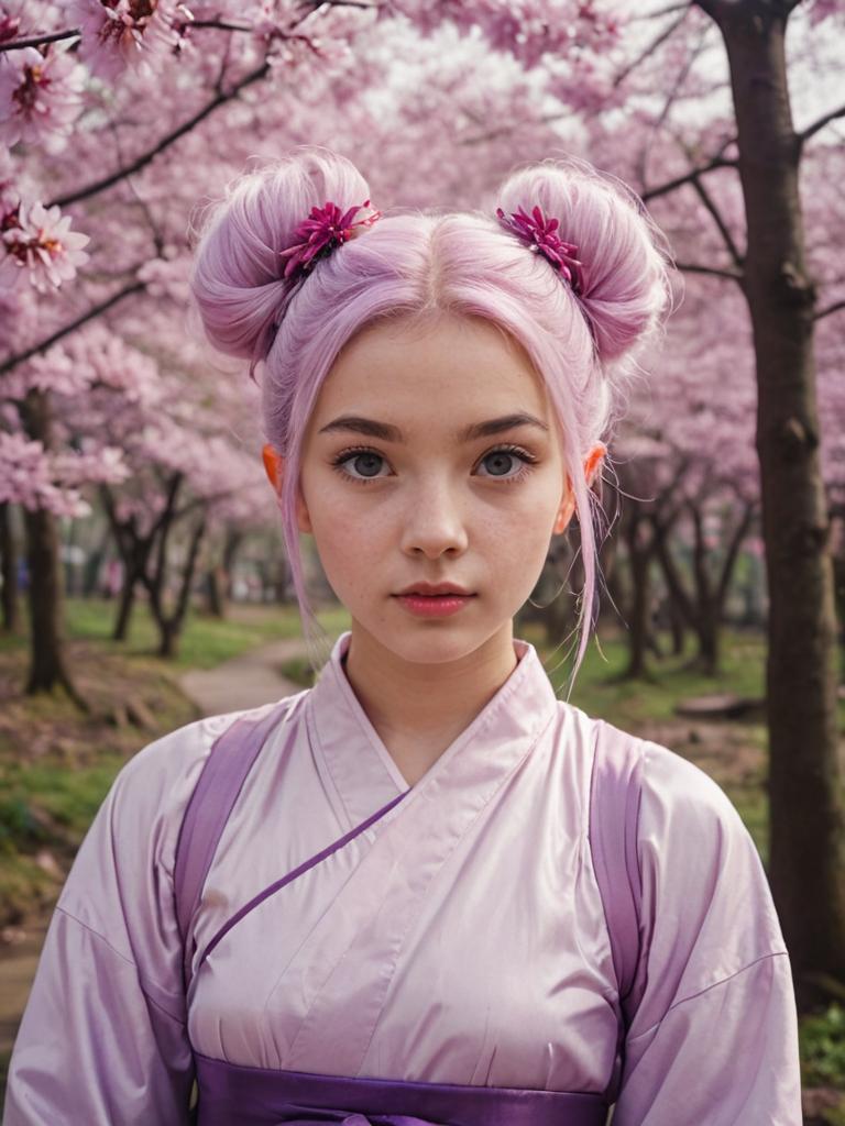 Serene girl with silvery-pink hair and orchid-purple eyes among cherry blossoms