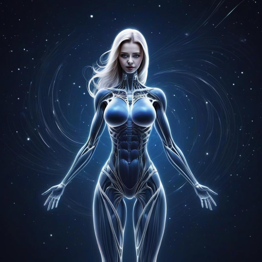 Futuristic Woman with Transparent Anatomy in Cosmic Background