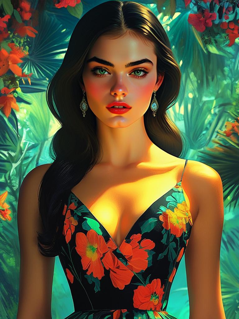 Elegant Woman in Tropical Floral Dress