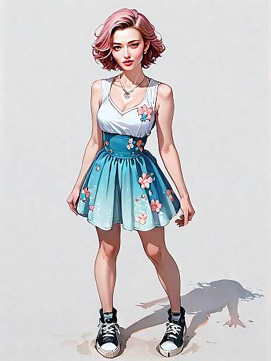 Casual Woman Full Body Illustration in Realistic Comic Style with Floral Dress
