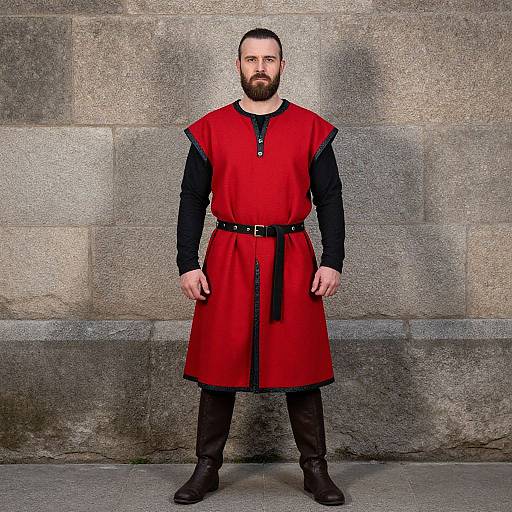 Man in Medieval Red Tunic Costume Standing Against Stone Wall