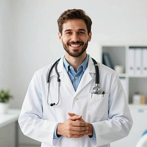 Smiling Male Doctor in White Lab Coat with Stethoscope in Medical Office