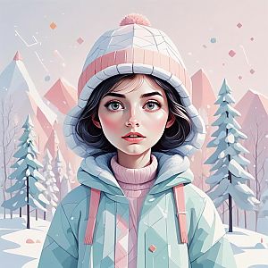 Young Woman in Cozy Winter Outfit with Snowy Mountains