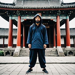 Bearded Man in Navy Jacket at Traditional Asian Temple