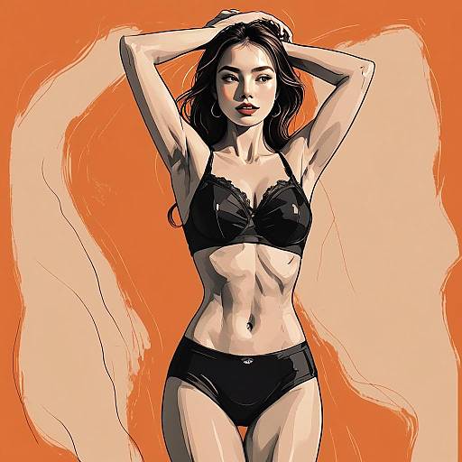 Stylish Digital Illustration of Woman in Black Lingerie on Orange Background