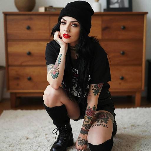 Edgy Tattooed Woman in Black Beanie and Combat Boots Indoors