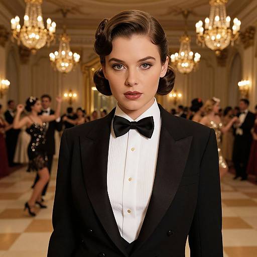 Elegant Woman in Black Tuxedo at Vintage Ballroom Party
