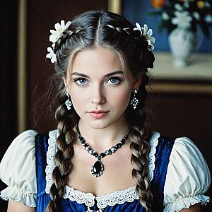 Young Woman in Blue Dress with Flowers