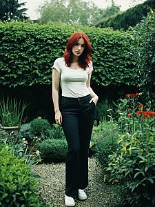 Red-Haired Woman in Casual Outfit Standing in Green Garden Path