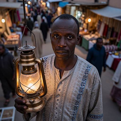 Man Holding Lantern in Traditional Clothing at Market