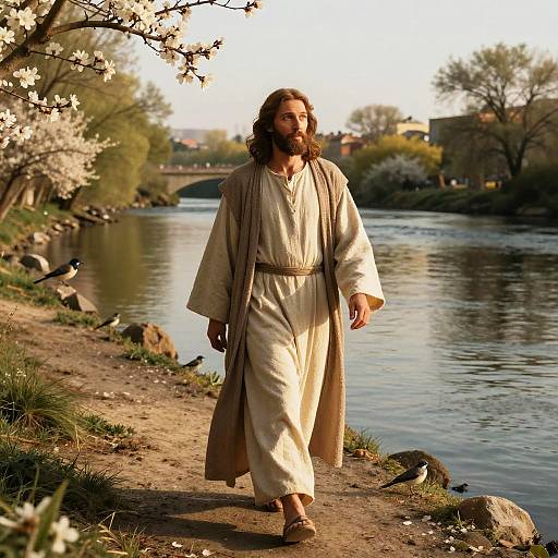 Man in Biblical Robes Walking Along Riverside with Cherry Blossoms