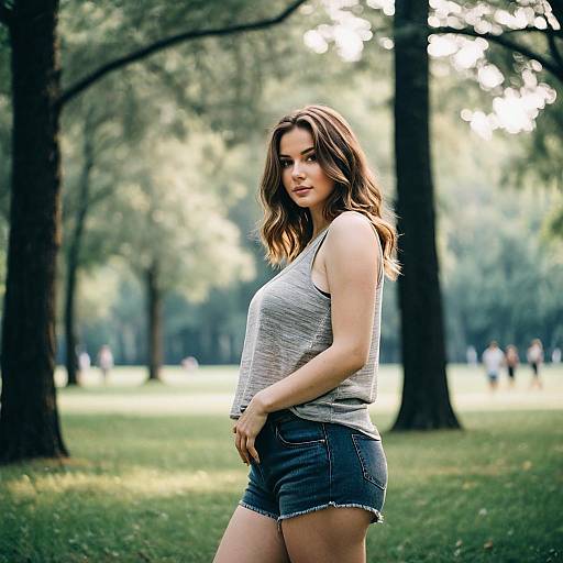 Casual Young Woman in Park Wearing Grey Top and Denim Shorts